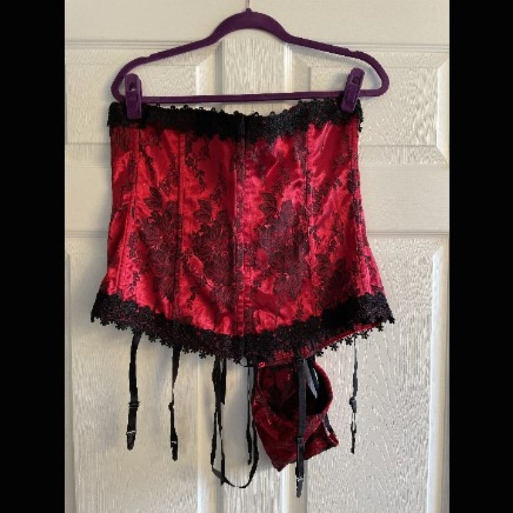 Red Floral Corset with Matching Thong - Size 44